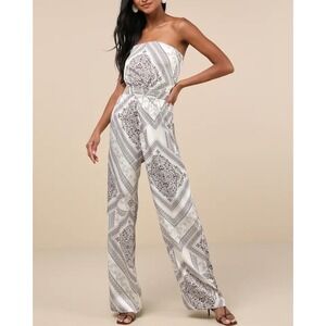 NWT Lulus Western Direction Ivory Scarf Print Satin Strapless Jumpsuit Small